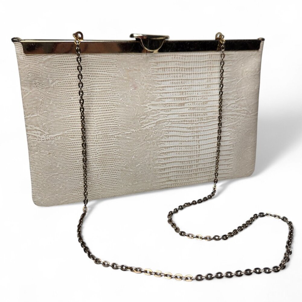 Vintage Etra Lizard Embossed Leather Clutch Bag Women's Cream Color Gold Trim